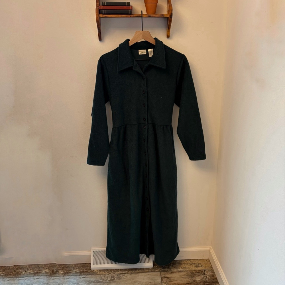 Vintage 90s L.L. Bean Dark Green Fleece Shirt Dress Petite Medium Tie Back